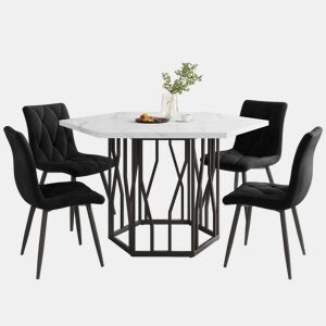 Conjunto de sala de jantar de 5 peças - Mesa de jantar hexagonal em mármore + 4 cadeiras em veludo preto - Preto