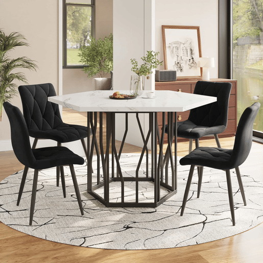 Conjunto de sala de jantar de 5 peças - Mesa de jantar hexagonal em mármore + 4 cadeiras em veludo preto - Preto