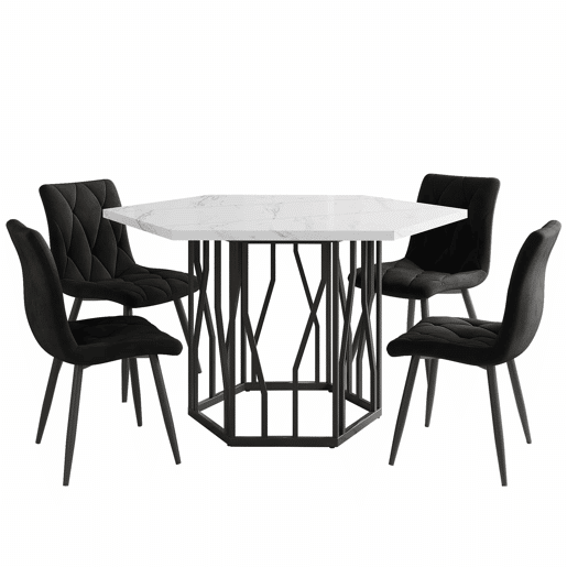 Conjunto de sala de jantar de 5 peças - Mesa de jantar hexagonal em mármore + 4 cadeiras em veludo preto - Preto