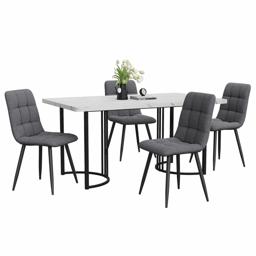 Conjunto de sala de jantar de 5 peças 140x80 cm - Mesa com 4 cadeiras, pernas metálicas pretas, tampo em MDF branco, cadeiras em linho cinza escuro