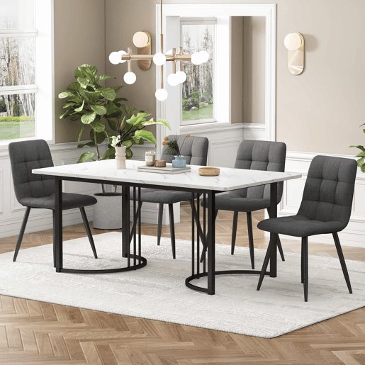 Conjunto de sala de jantar de 5 peças 140x80 cm - Mesa com 4 cadeiras, pernas metálicas pretas, tampo em MDF branco, cadeiras em linho cinza escuro