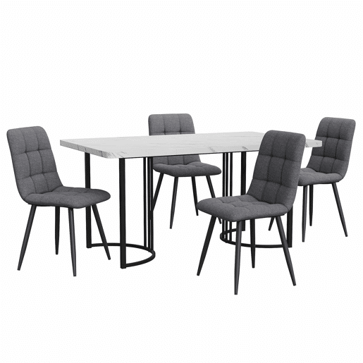 Conjunto de sala de jantar de 5 peças 140x80 cm - Mesa com 4 cadeiras, pernas metálicas pretas, tampo em MDF branco, cadeiras em linho cinza escuro