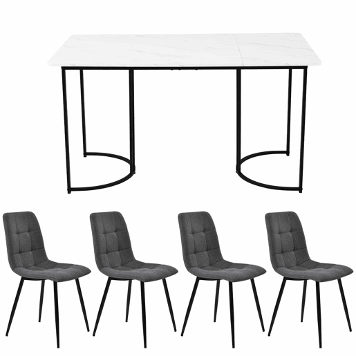 Conjunto de sala de jantar de 5 peças 140x80 cm - Mesa com 4 cadeiras, pernas metálicas pretas, tampo em MDF branco, cadeiras em linho cinza escuro