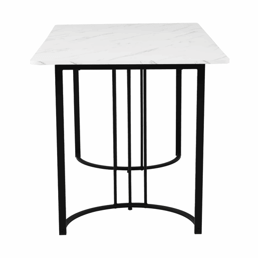 Conjunto de sala de jantar de 5 peças 140x80 cm - Mesa com 4 cadeiras, pernas metálicas pretas, tampo em MDF branco, cadeiras em linho cinza escuro