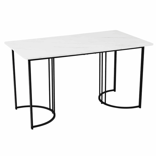 Conjunto de sala de jantar de 5 peças 140x80 cm - Mesa com 4 cadeiras, pernas metálicas pretas, tampo em MDF branco, cadeiras em linho cinza escuro