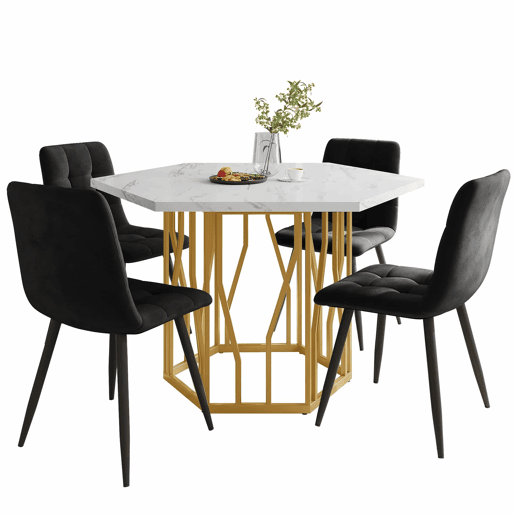 Conjunto de mesa e cadeiras 5 peças - Mesa hexagonal de mármore + 4 cadeiras de veludo preto - Dourado