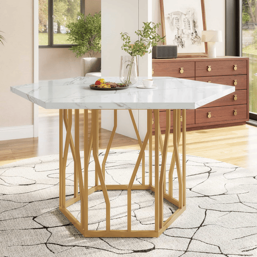 Conjunto de mesa e cadeiras 5 peças - Mesa hexagonal de mármore + 4 cadeiras de veludo preto - Dourado