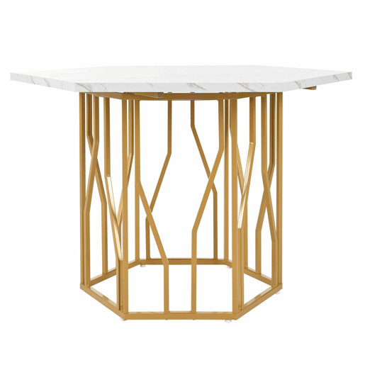 Conjunto de mesa e cadeiras 5 peças - Mesa hexagonal de mármore + 4 cadeiras de veludo preto - Dourado