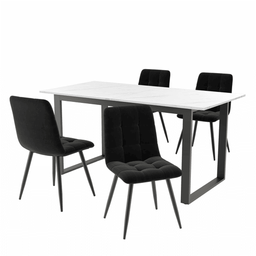 Conjunto de sala de jantar + 140180x80x75cm - Mesa moderna + 4 cadeiras, MDF branco, pernas pretas, cadeiras de veludo preto
