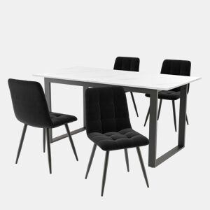 Conjunto de sala de jantar + 140180x80x75cm - Mesa moderna + 4 cadeiras, MDF branco, pernas pretas, cadeiras de veludo preto