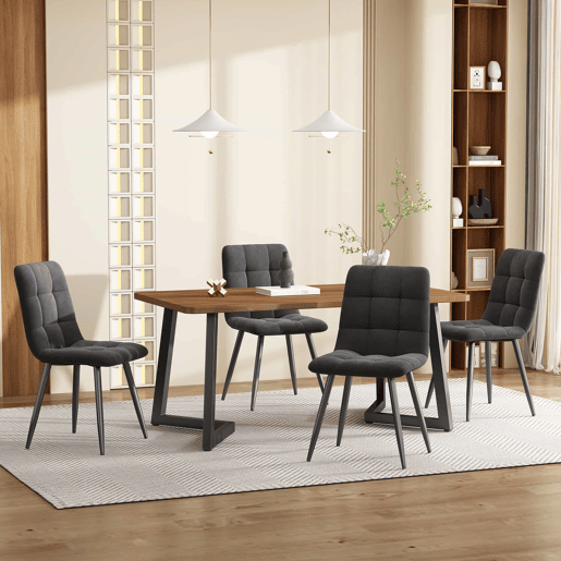Conjunto de sala de jantar de 5 peças 117x68 cm - Mesa de cozinha moderna com 4 cadeiras, pernas metálicas pretas, madeira nogal