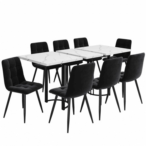 Conjunto de sala de jantar de 9 peças 140x80 cm - Mesa extensível com 8 cadeiras de veludo preto - Branco e Preto