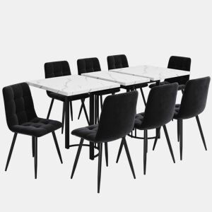 Conjunto de sala de jantar de 9 peças 140x80 cm - Mesa extensível com 8 cadeiras de veludo preto - Branco e Preto