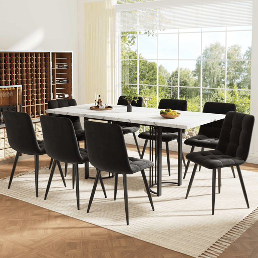 Conjunto de sala de jantar de 9 peças 140x80 cm - Mesa extensível com 8 cadeiras de veludo preto - Branco e Preto