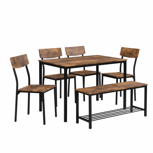 Conjunto Mesa e 4 Cadeiras 1 Banco - 6 lugares - estrutura em aço - estilo industrial - Castanho