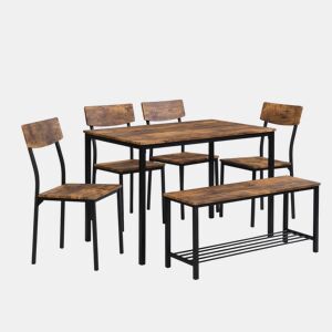 Conjunto Mesa e 4 Cadeiras 1 Banco - 6 lugares - estrutura em aço - estilo industrial - Castanho