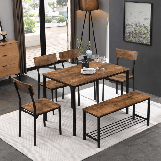 Conjunto Mesa e 4 Cadeiras 1 Banco - 6 lugares - estrutura em aço - estilo industrial - Castanho
