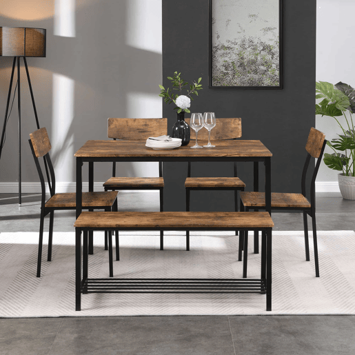 Conjunto Mesa e 4 Cadeiras 1 Banco - 6 lugares - estrutura em aço - estilo industrial - Castanho