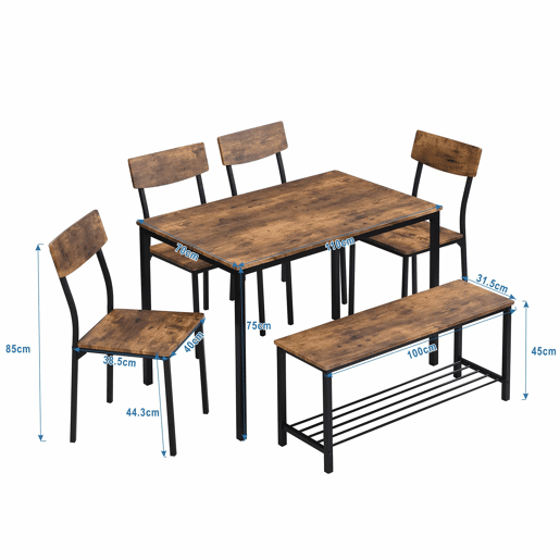 Conjunto Mesa e 4 Cadeiras 1 Banco - 6 lugares - estrutura em aço - estilo industrial - Castanho