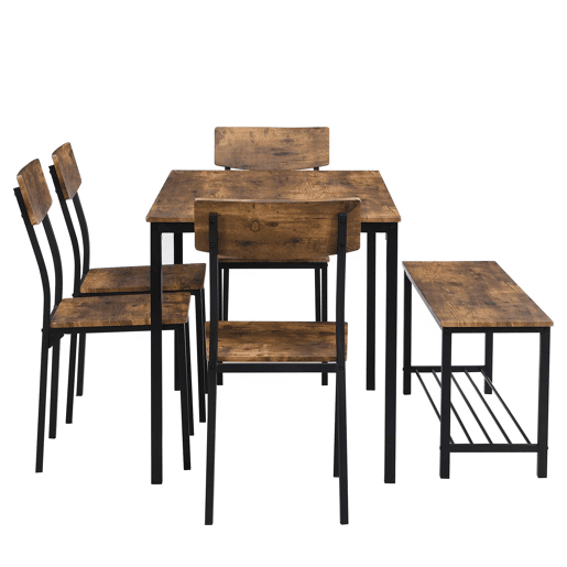 Conjunto Mesa e 4 Cadeiras 1 Banco - 6 lugares - estrutura em aço - estilo industrial - Castanho
