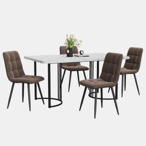 Conjunto de sala de jantar de 5 peças 140×80 cm - Mesa com 4 cadeiras de veludo castanho, estrutura metálica preta