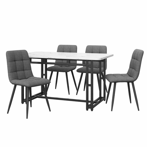 Conjunto de sala de jantar 120x70cm - Mesa moderna com 4 cadeiras, linho cinzento, pernas de ferro pretas