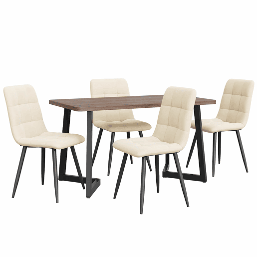 Conjunto de sala de jantar de 5 peças 117x68 cm - Mesa com 4 cadeiras, madeira de nogueira, pernas metálicas pretas, cadeiras de veludo bege