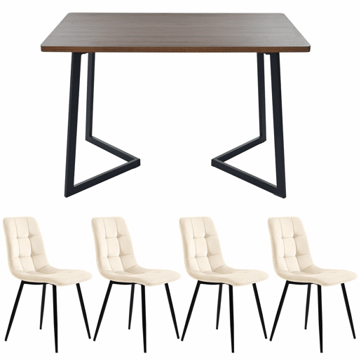Conjunto de sala de jantar de 5 peças 117x68 cm - Mesa com 4 cadeiras, madeira de nogueira, pernas metálicas pretas, cadeiras de veludo bege