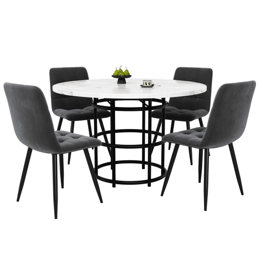 Conjunto de sala de jantar de 5 peças - Mesa redonda de 100 cm - 4 cadeiras de veludo cinzento - Preto