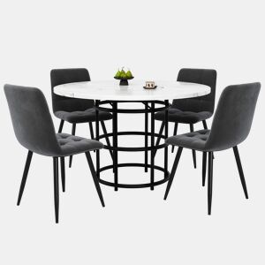 Conjunto de sala de jantar de 5 peças - Mesa redonda de 100 cm - 4 cadeiras de veludo cinzento - Preto