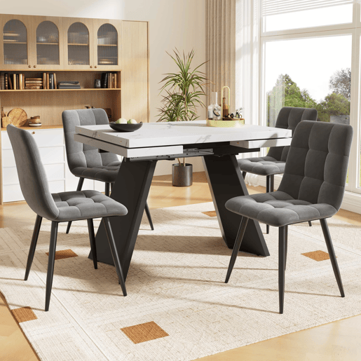 Conjunto de sala de jantar de 5 peças 160x80 cm - Mesa extensível com 4 cadeiras de veludo cinza - Preto e branco