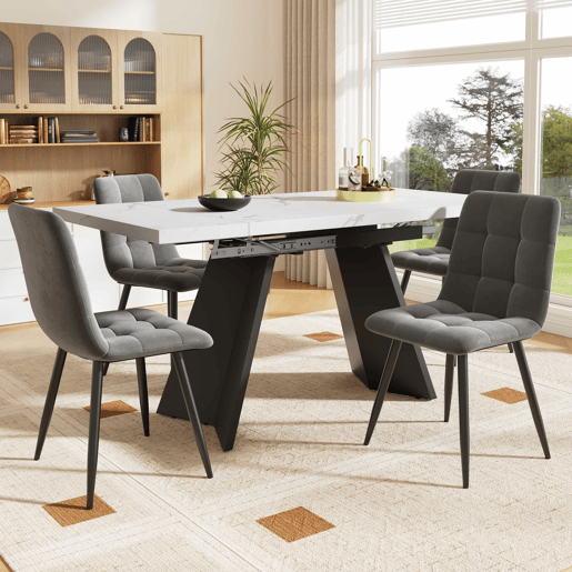 Conjunto de sala de jantar de 5 peças 160x80 cm - Mesa extensível com 4 cadeiras de veludo cinza - Preto e branco