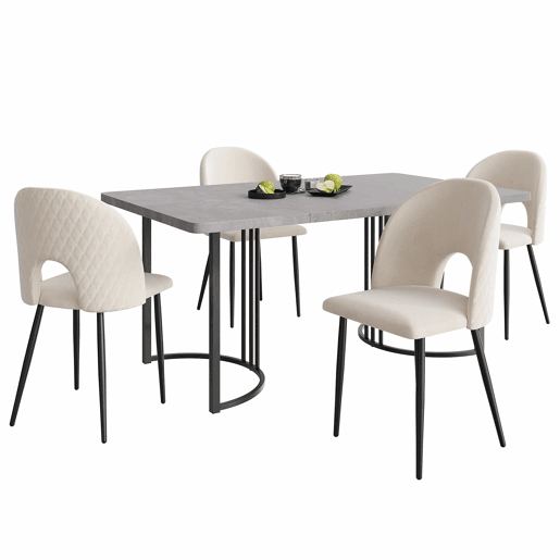 Conjunto de mesa de jantar 140x80 cm - 4 cadeiras, assento em veludo, pernas ajustáveis - Bege