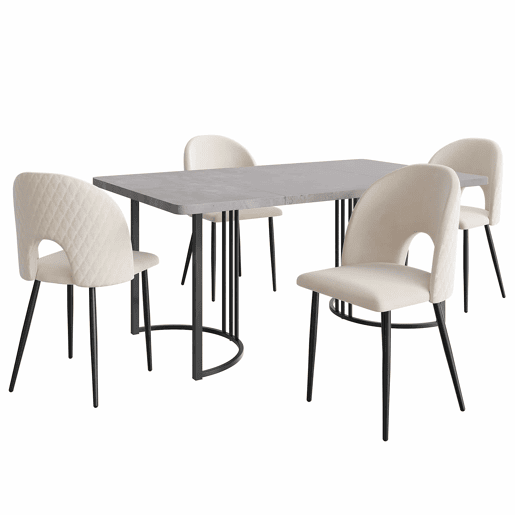 Conjunto de mesa de jantar 140x80 cm - 4 cadeiras, assento em veludo, pernas ajustáveis - Bege