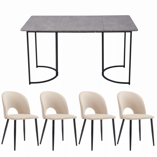 Conjunto de mesa de jantar 140x80 cm - 4 cadeiras, assento em veludo, pernas ajustáveis - Bege