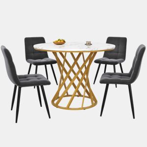 Conjunto de mesa e cadeiras 80 cm - Mesa redonda com pernas metálicas douradas - Branco, cinza escuro, veludo