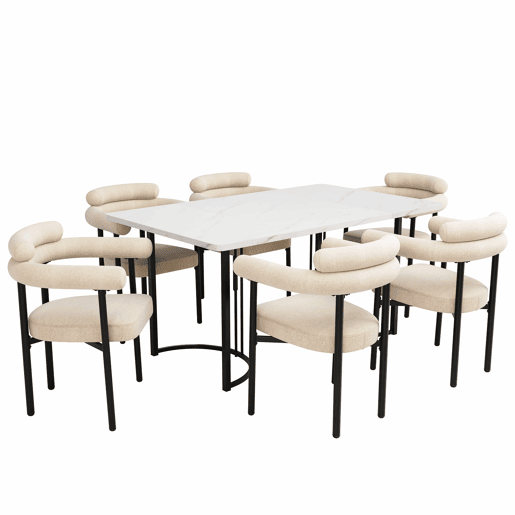 Conjunto de sala de jantar de 7 peças - Mesa com pernas metálicas de design - 6 cadeiras com assento em camurça bege Conjunto de sala de jantar de 7 peças - Mesa com pernas metálicas de design - 6 cadeiras com assento em camurça bege
