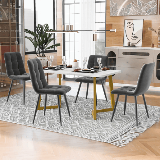 Conjunto de sala de jantar 117 cm - Mesa retangular com 4 cadeiras, Cadeiras de veludo cinza, Pernas douradas