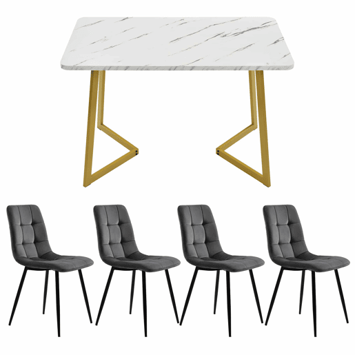 Conjunto de sala de jantar 117 cm - Mesa retangular com 4 cadeiras, Cadeiras de veludo cinza, Pernas douradas