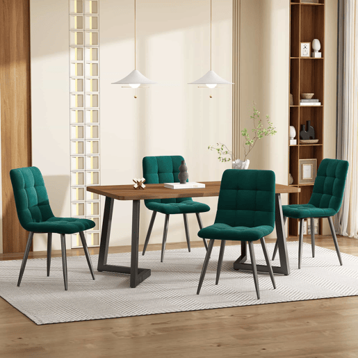 Conjunto de sala de jantar de 5 peças - Mesa de jantar 117x68 cm - Estrutura metálica preta - Cor nogueira, cadeiras de veludo verde escuro