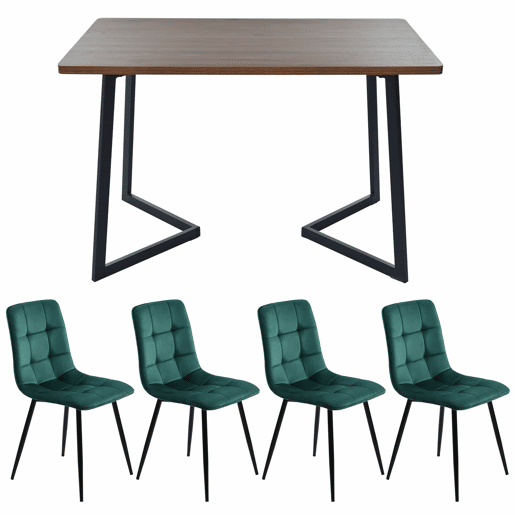 Conjunto de sala de jantar de 5 peças - Mesa de jantar 117x68 cm - Estrutura metálica preta - Cor nogueira, cadeiras de veludo verde escuro