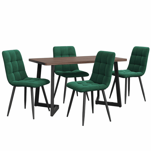 Conjunto de sala de jantar de 5 peças - Mesa de jantar 117x68 cm - Estrutura metálica preta - Cor nogueira, cadeiras de veludo verde escuro