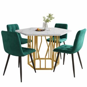 Conjunto de mesa e cadeiras 5 peças - Mesa hexagonal de mármore + 4 cadeiras de veludo verde - Dourado