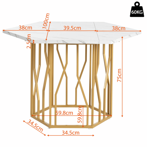 Conjunto de mesa e cadeiras 5 peças - Mesa hexagonal de mármore + 4 cadeiras de veludo verde - Dourado