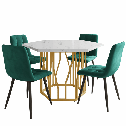 Conjunto de mesa e cadeiras 5 peças - Mesa hexagonal de mármore + 4 cadeiras de veludo verde - Dourado