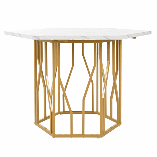 Conjunto de mesa e cadeiras 5 peças - Mesa hexagonal de mármore + 4 cadeiras de veludo verde - Dourado
