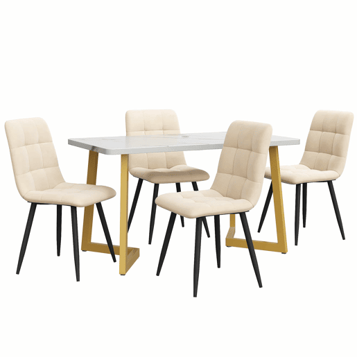 Conjunto de sala de jantar 117 cm - Mesa retangular moderna com 4 cadeiras de veludo bege e pernas douradas