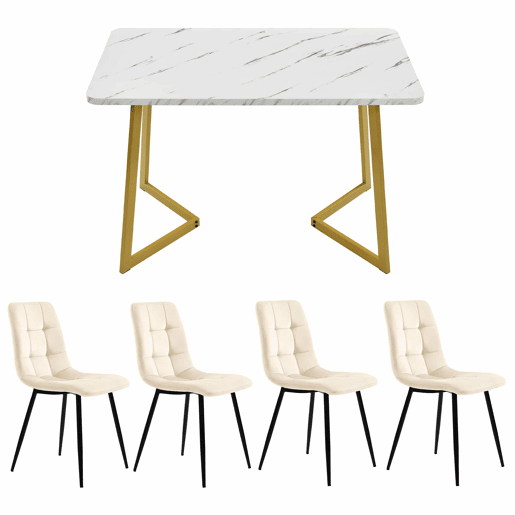 Conjunto de sala de jantar 117 cm - Mesa retangular moderna com 4 cadeiras de veludo bege e pernas douradas