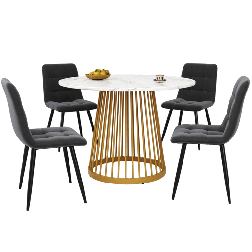 Conjunto de mesa e cadeiras 5 peças - Mesa redonda 80 cm, pernas metálicas douradas, cadeiras de veludo cinza