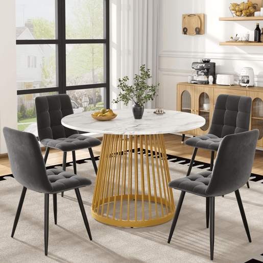 Conjunto de mesa e cadeiras 5 peças - Mesa redonda 80 cm, pernas metálicas douradas, cadeiras de veludo cinza